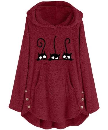 Bigfanshu Women Hoodies Sweatshirts Fleece Cat Embroidery Hoodie Top Button Fashion Female Autumn Winter Blouse Red - Buy Online on GoSupps.com