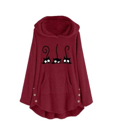 Bigfanshu Women Hoodies Sweatshirts Fleece Cat Embroidery Hoodie Top Button Fashion Female Autumn Winter Blouse Red