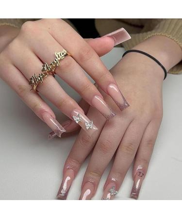 24Pcs/Set Press On Nails Water Diamond Butterfly Sparkling Pink French Long False Nails Acrylic Fake Nails Full Cover Nails Tips Artificial Finger Manicure Press on nails for Women and Girls