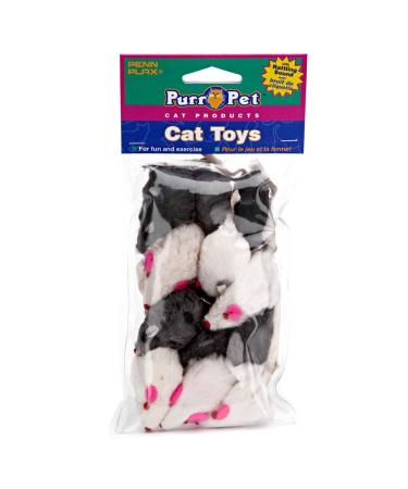 Penn-Plax Play Fur Mice Cat Toys | Mixed Bag of 12 Play Mice with Rattling Sounds | 3 Color Variety Pack - CAT531, Black and White