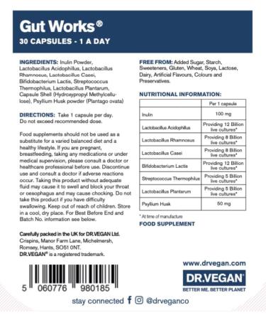 Dr. Vegan Gut Works: 50bn Live Cultures | Pre & Probiotic | 30 Vegan Capsules | One-A-Day | 6 Clinically Studied Strains - Buy Online on GoSupps.com
