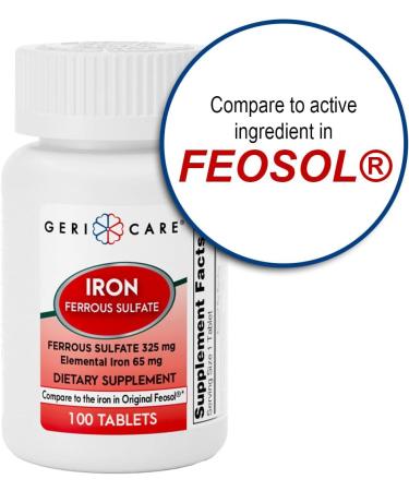GeriCare Ferrous Sulfate Tablets 325mg, Elemental Iron 65 mg High Potency Iron Supplement | Dietary Supplement 100 Count. (Pack of 1) 100 Count (Pack of 1) - Buy Online on GoSupps.com
