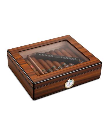 Cigar Humidor with Humidifier Hygrameter Cedar Wood Travel Cigar Case Glass Top Desktop Humidor Case Cigar Box with Divider Hold 35 Cigars