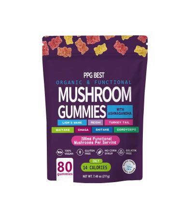 PPG BEST Organic & Functional Mushroom Gummies Supplement ASHWAGANDHA REISHI Turkey Tail MAITAKE SHATAKE Chaga CORDYCEPS BOOSTS Cognitive Performance Gluten Free Vegan Low CARB GUMMIES80