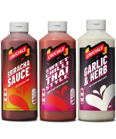 Crucials Crucials 3-pack sauces (chili / garlic / Caribbean) 500 ml (kebab seasoning mix)
