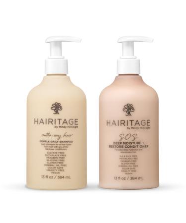 Hairitage Outta My Hair Gentle Daily Shampoo - Cleanses and Hydrates with Jojoba Oil - SOS Deep Moisture and Restore Conditioner for Thick Hair with Safflower Oil - 13 oz