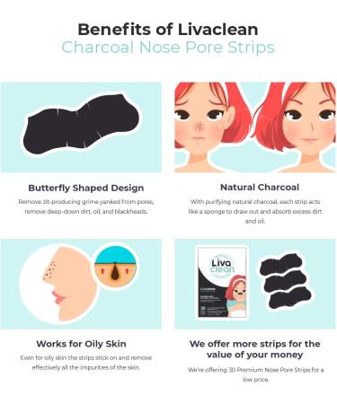 Livaclean 30 CT Charcoal Blackhead Remover Pore Strips - Blackhead Remover Strip - Black Head Nose Strips Black Head Remover Stripes - Buy Online on GoSupps.com