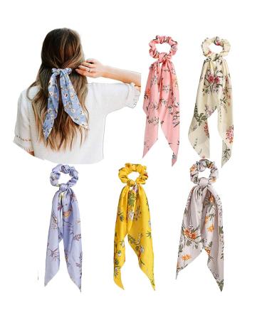 Aksod Ribbon Hair Scrunchies Printed Flower Boho Long Headband Ponytail Holders Floral Scarf Scrunchy Head Tie for Women and Girls (Pack of 5)