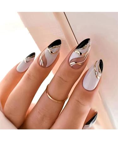 Almond Press on Nails French Tip Fake Nails with Gold Stripes Designs Black Acrylic Nails Full Cover White False Nails Stick on Nails for Women 24 Pcs Black+White