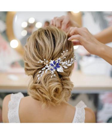 ISLHJDD Women Sapphire Crystal Blue Flower Headpiece Leaf Pearl Hair Vine Comb Wedding Hair Accessory Decorative for Bride Bridesmaid Girls - Buy Online on GoSupps.com