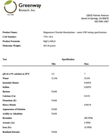 Greenway Biotech, Inc. Magnesium Chloride USP Supplement 100% Edible Cloruro de Magnesio Comestible Powder (Pharmaceutical Grade)- (4 Pounds) - Buy Online on GoSupps.com