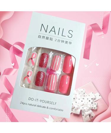 24Pcs Breast Cancer Awareness Press-on Nails | Pink Rhinestone Square Fake Nails for Women | Glossy Acrylic Nail Designs - Buy Online on GoSupps.com