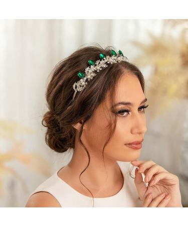 IYOU Crystal Wedding Headband Green Flower Bridal Hair Bands Crown Sparkly Rhinestone Leaf Headpiece Tiara Prom Party Hair Accessories for Brides and Bridesmaid - Buy Online on GoSupps.com