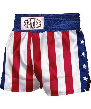O2TEE Unisex American Flag Traditional Styles Muay Thai Shorts for Men Women Training Red Line & Star Side Medium
