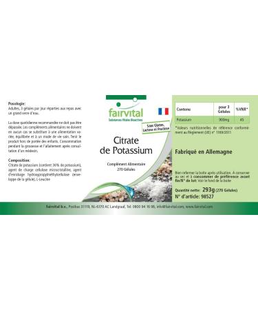 Fairvital | Citrate de Potassium - Boite pour 3 mois - Fortement dos - VEGAN - 270 g lules - Buy Online on GoSupps.com