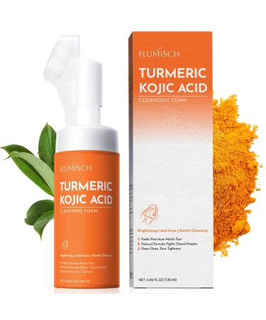 Turmeric Kojic Acid Facial Cleanser Brightening Foaming Face Wash with Soft Massage Heads Kojic Acid Cleanser Exfoliating Turmeric Cleansing for Dark Spots 4.06fl.oz 4.06 Fl Oz (Pack of 1)