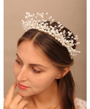 YERTTER Vintage Wedding Pearl Beads Crystal Tiara Hair Crown - Handmade Bride Hair Band for Wedding Prom - White - Buy Online on GoSupps.com