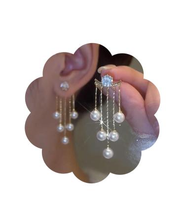 Vintage Crystal Pearl Drop Earrings Long Tassel Pearl Dangle Earrings Gold Cz Pearl Chain Earrings Cz Rhinestone Bridal Earrings Jewelry for Women