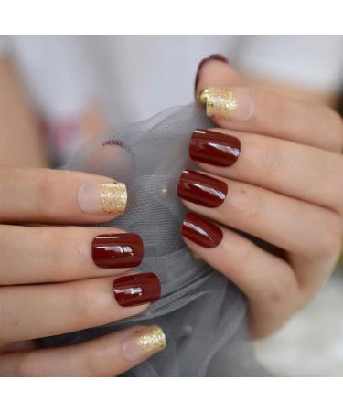Shop Hujl Short French Artificial Nails with Golden Sequins - Premium Press-On Nails for Daily Wear - Buy Online on GoSupps.com