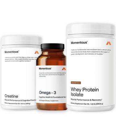 Momentous Three - Creatine Monohydrate Powder (90 Servings) Grass-Fed Whey Protein Powder (Chocolate) & Omega-3 Fish Oil 1600mg - Daily Essentials for Strength Performance & Lean Muscle Recovery