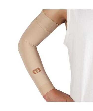 MGANG® Lymphedema Compression Arm Sleeve for Women Men, Opaque, 15-20 mmHg Compression Full Arm Support with Silicone Band, Relieve Swelling, Edema, Post Surgery Recovery, Single Beige M Beige (15-20 Mmhg With Silicone Ban…