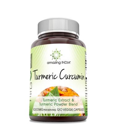 Amazing India Turmeric Curcumin 1000 Mg per Serving | 120 Veggie Capsules Supplement | Blend of Turmeric Powder & Turmeric Extract | Non-GMO | Gluten Free | Made in USA
