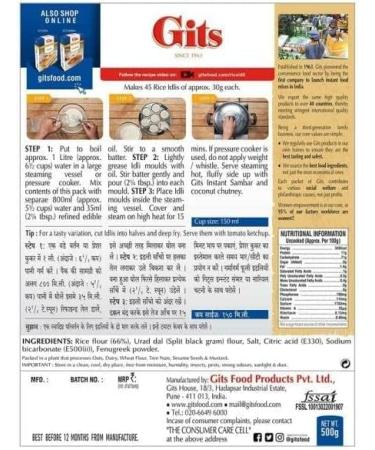 Gits Rice Idli Instant Breakfast Mix 500g - Made From Fermented Batter Of Rice & Lentil - A Traditional South Indian Breakfast -Makes 45 Idlis (Pack of 2) - Buy Online on GoSupps.com