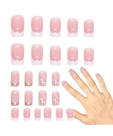 False Nails Tips Square Short Nail Manicure Set | Square Short Cute Press on Nails Full Nails with Love Heart Pattern for Fingernails Cle-ca