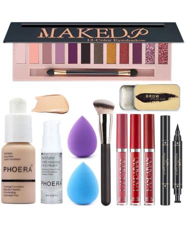 All in One Makeup Kit For Girls12 Colors Naked Eyeshadow Palette, Nude For PHOERA Foundation Face Primer, Makeup Brush, Makeup Sponge, Eyebrow Soap Kit Brows Gel, Winged Eyeliner Stamp Makeup Set (SetC)