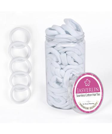 JASVERLIN White Cotton Fabric Hair Ties  Soft Ponytail Scrunchies Hair Bands for Women s Braided Curly Thin Thick Hair  No Damage Crease Seamless Hair Elastic Band 1.5 Inch 100 pcs (White)