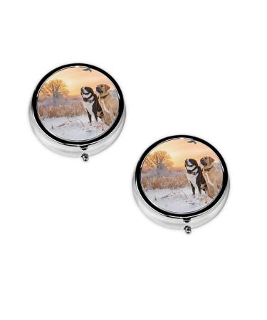 Dog Catching Pheasant Printed Mini Round Pill Box Pill Box 3 Compartment Medicine Pill Case Pill Organizer Travel Pillbox Portable Pill Box for Pocket Home Office Use