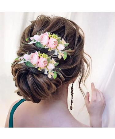 Campsis Set of 2 Bridal Flower Hair Combs Pink Flower Side Combs Bride Bridesmaid Hair Piece Artificial Hair Accessorries Engagement Prom Party Beach Photography for Women and Girls