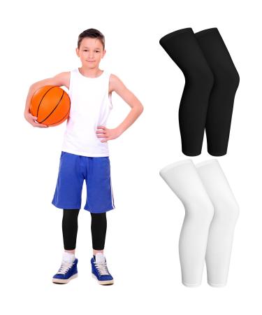 Kids Long Compression Leg Sleeves Non Slip UV Protection Thigh Calf for Boy Girl Youth Basketball Running Sport Black  White Medium