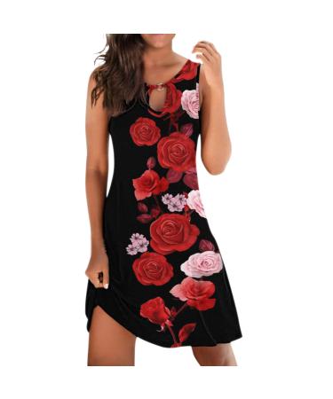 Women Summer Casual Sundresses Sleeveless Floral Printing Beach Dress Mini Dress Casual Loose Short Sleeve Dress (Red-b, Large) Large Red-b