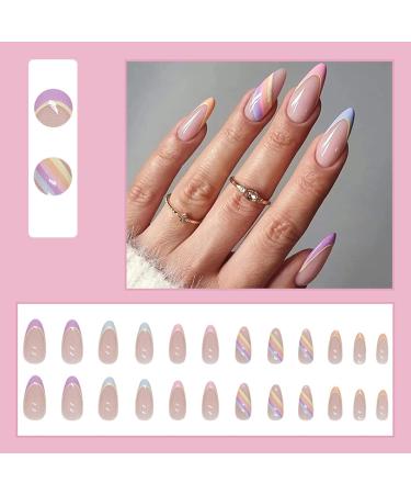 Justotry 24-Piece Almond Press On Nails - Light Rainbow Swirl Acrylic Short French Nails for Women - Easy Stick On Nail Art (Purple & Orange) - Buy Online on GoSupps.com