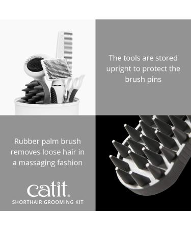 Catit Grooming Kit for Shorthaired Cats | 5-Piece Canister Set with Rubber Palm Brush, Nylon & Metal Slicker Brushes, Fine Comb, Curved Nail Clippers | White, Black, Grey | Short Hair - Buy Online on GoSupps.com