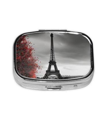Grey Paris Eiffel Tower Printing 2 Compartment Small Pill Case Cute Small Pill Box Purse Pill Boxs Travel Pill Organizer for Pocket Purse and Travel Gifts