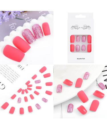 Sethexy Pink Square Fake Nails | Matte Acrylic Press-On Nail Tips for Women & Girls - 24pcs - Buy Online on GoSupps.com