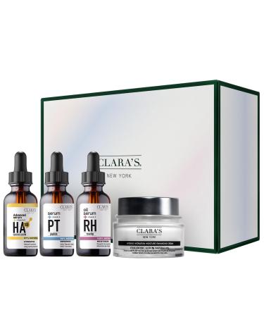 CLARA'S NEW YORK Glowing Skin Discovery Kit Skincare Gift Set Pack of 4: Hyaluronic Acid 6X Peptide Rosehip Facial Oil Moisturizer Cream