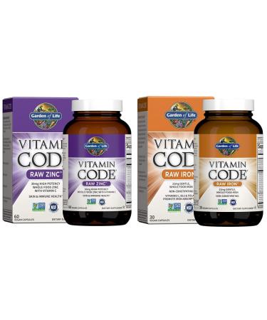 Garden of Life Zinc Supplements 60 Vegan Capsules & Vitamin Code Raw Iron Supplement - 30 Vegan Capsules Zinc + Raw Iron