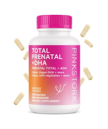 Pink Stork Total Prenatal Vitamin with DHA and Folic Acid: Vitamins with Folate Iron Biotin Vitamin D Vitamin C + Zinc Fertility Supplements for Women Women-Owned 180 Vegetarian Capsules 180 count (Pack of 1)