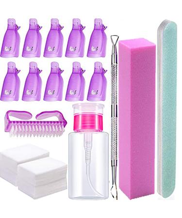 Nail Polish Remover Tools Kit - 500 Pcs Gel Polish Remover Cotton Pads  10 Pcs Purple Polish Remover Clips Caps  1pc Nail Polish Remover Bottle  1pc Cuticle Pusher  1pc Nail Brush  100/180 Nail File