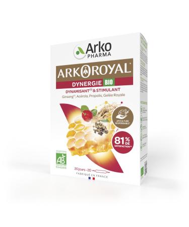 Arkopharma - Arkoroyal Organic Dynergie | Royal Jelly - Propolis - Food Supplement - Energy Booster - Immunity and Vitality - Ginseng - Acerola - Energizing and Stimulating | 20 Bulbs