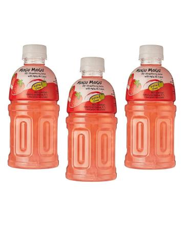 Italian Gourmet E.R. 3 x Mogu Mogu Fragola Drinks with Strawberry Flavour and Disposable PET Bottle Nata de Coco 320ml