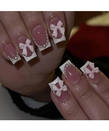 French Press on Nails Square RIICFDD Pink Fake Nails Short French Pearls False Nails Pink Bow Nail Charms Designs Press on Nail Summer Acrylic Full Cover Glue on Nails for Women Girls 24 Pcs Style 13