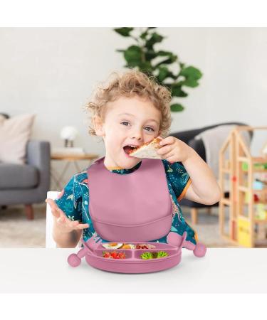 Vicloon Silicone Baby Feeding Set | 4Pcs Weaning Set | Suction Plate, Bib, Spoon & Fork | BPA Free | Toddlers & Kids Divided Plate | Gift - Pink - Buy Online on GoSupps.com