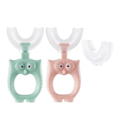 360 U-shaped toothbrush for toddlers for children aged 2 6 and 2 4 and 4 7 and 6 8 years all rounded teeth round wide 3 pages foam manual for boys and girls1 green owl + 1 pink owl + 1 interchangeable heads + 7 incentive sticker for brushing your teeth