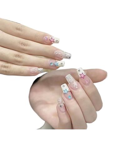 Sweet and Spicy Wind Explosive Sparkling Pink Blue Star Water Diamond Nail Patch Handmade Wear Nail Patch False Nail Patch Detachable(XS)