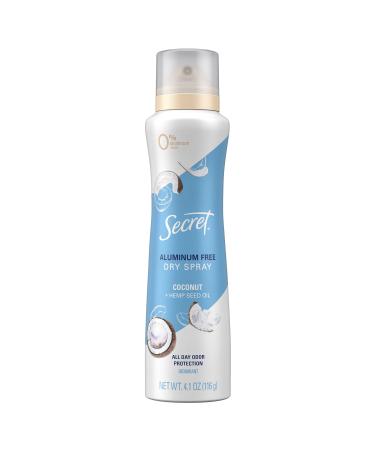 Secret Dry Spray Aluminum Free Deodorant Coconut And Hemp Seed Oil 4.1 Ounce