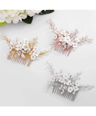 Fairvir Bridal Wedding Hair Comb Flower Silver Rhinestone Sparky Crystal Bride Leaf Side Combs Pearl Hair Accessories for Women and Girls (Rose Gold) - Buy Online on GoSupps.com